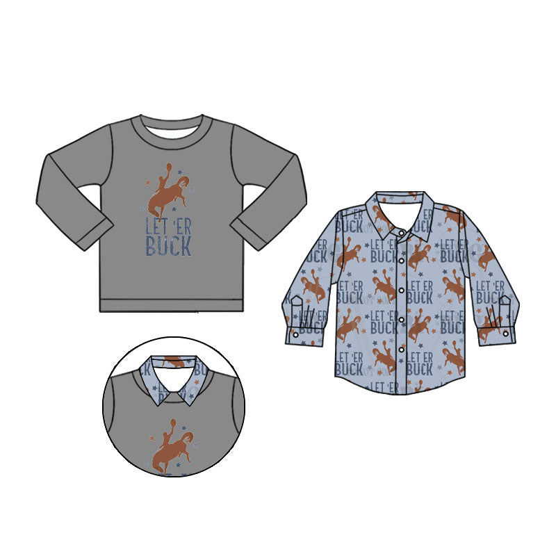 Preorder (moq 5)Baby Boys Long Sleeves Rodeos Let'er Buck 2 Piece Shirts Top