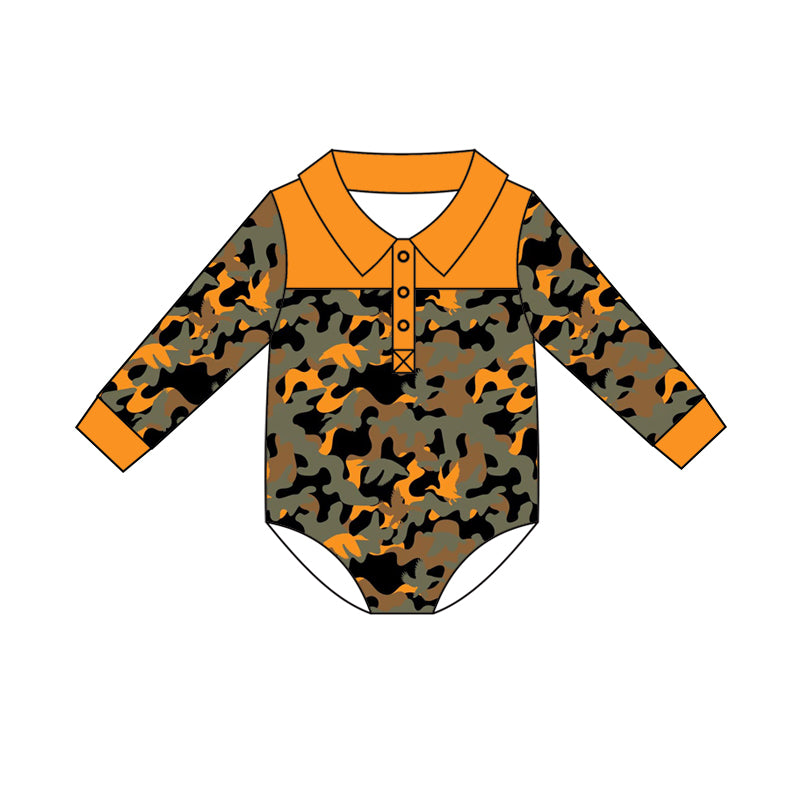 Preorder (moq 5)Baby Boys Long Sleeve Ducks Camo Button Hunting Rompers