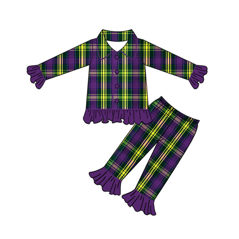 Preorder (moq 5)Baby Girls Purple Yellow Green Checked Button Ruffle Pants Mardigras Pajamas Sets