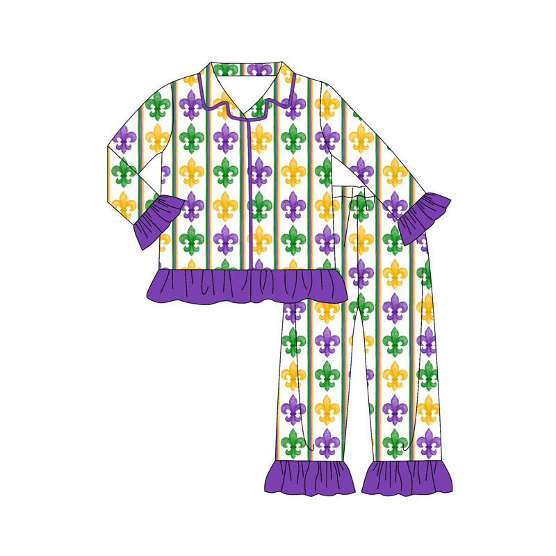 Preorder(moq 8)Baby Girls Mardigras Anchors Stripe Button Top Ruffle Pants Pajamas Sets