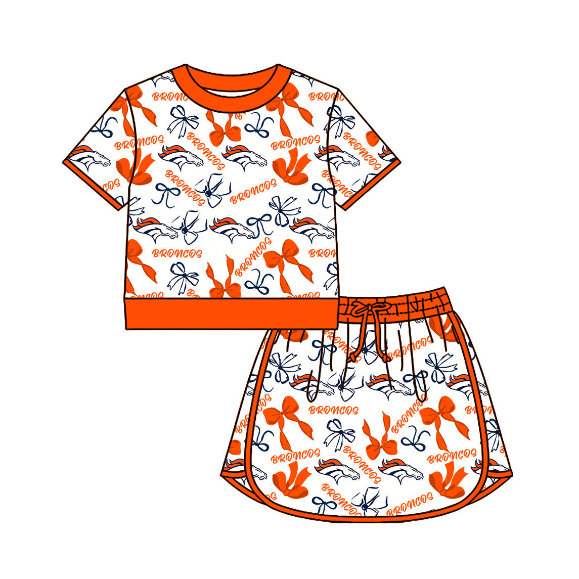 Preorder (moq 5)Baby Girls Bows Broncos Top Skirt Short Team Clothes Set