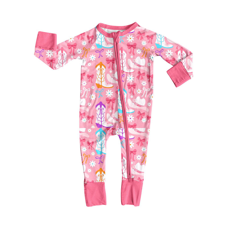 Preorder (moq 8)Baby Girls Pink Boots Flowers Bows Zipper Footie Rompers