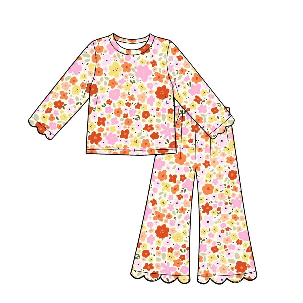 Preorder (moq 5) Baby Girl Clothes Warm Orange Pink Retro Floral Print Long Sleeve Top Scalloped Flare Pants Set