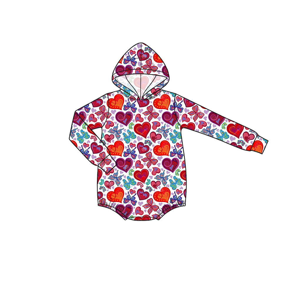 Preorder moq 5 Baby Girls’ Fall Valentine’s Day Red Heart Long-Sleeve Hooded Romper