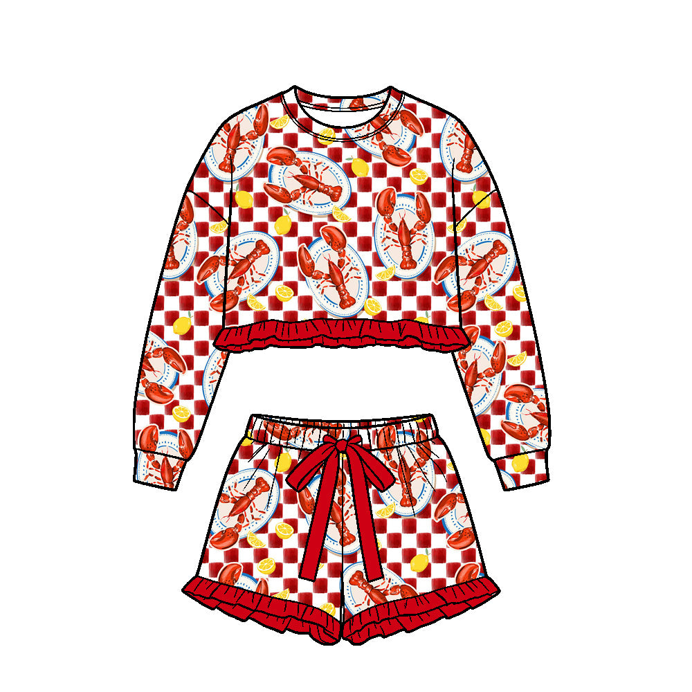 Preorder (moq 5) Girls Crawfish Lemon Red Gingham Check Print Long Sleeve Crop Top Ruffle Shorts Boutique Outfits Clothes Sets