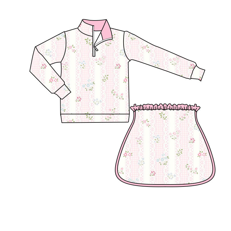Preorder(moq 5) Baby Girls Long Sleeve Hearts Flowers Stripe Zipper Pullover Skorts Clothes Sets