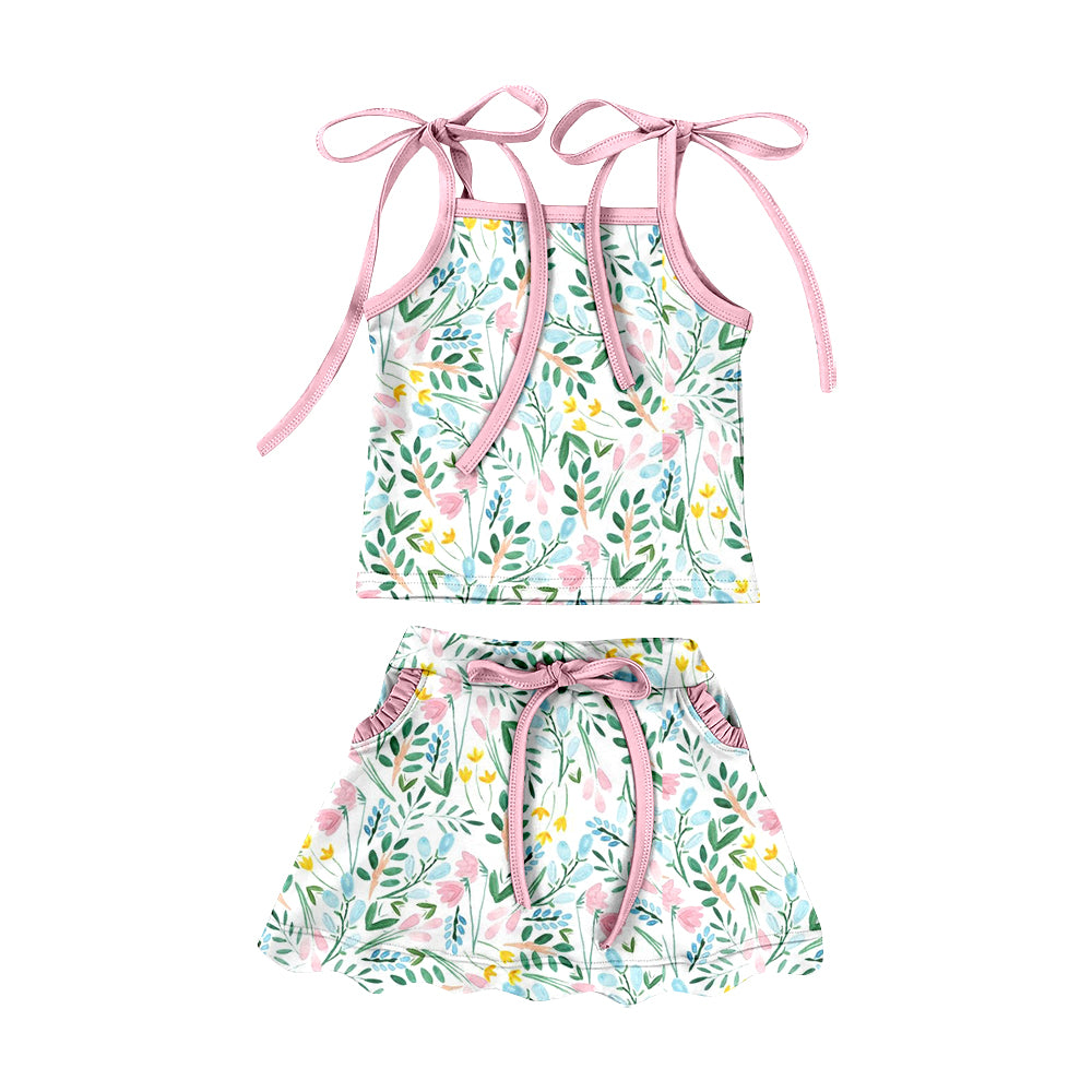 Preorder (moq 5)Baby Girls Colorful Flowers Top Pockets Scallop Skirt Shorts Swimsuits Clothes Set