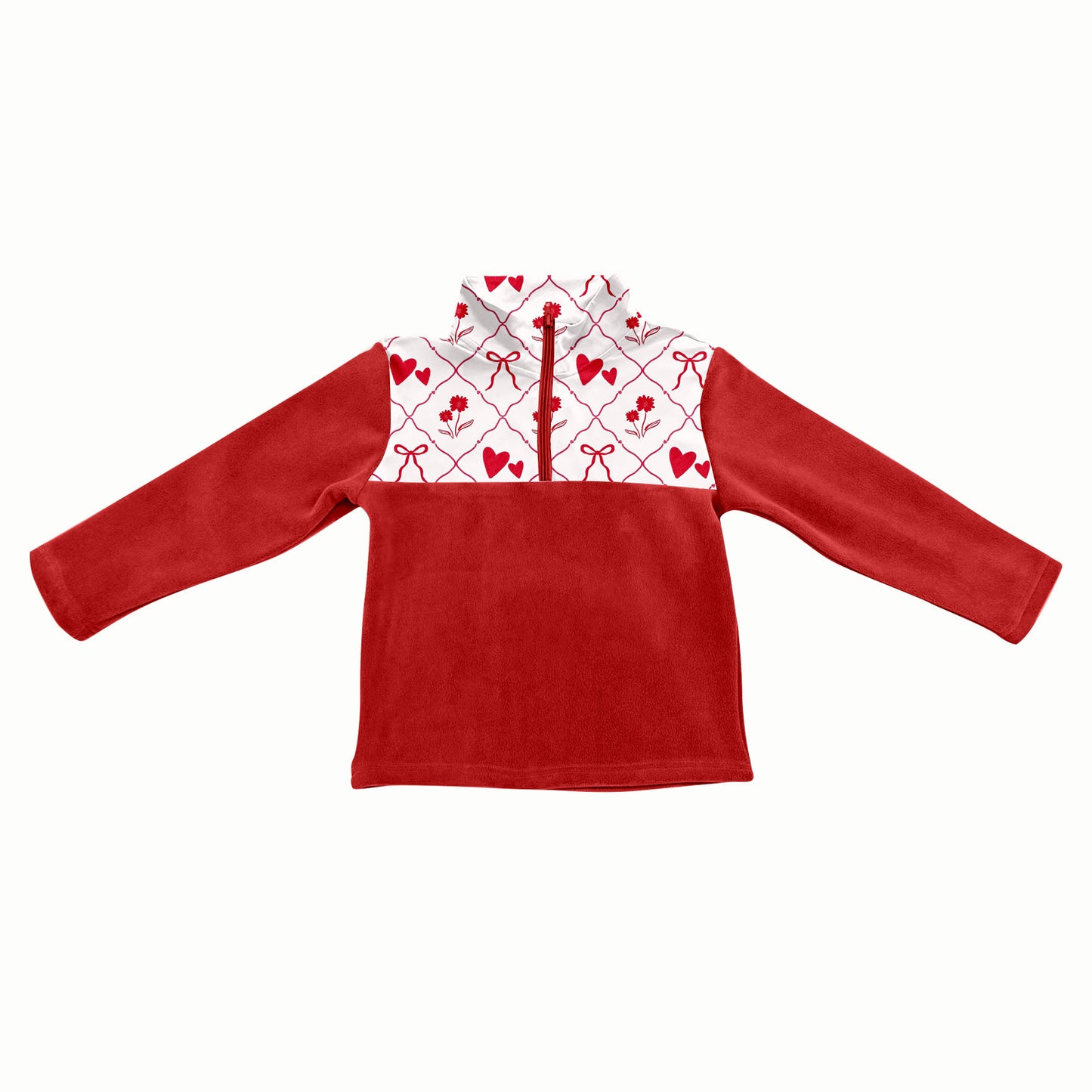 Preorder(moq 5) Baby Girls Red Hearts Bows Checked Half Zipper Valentines Pullovers Sweater Tops