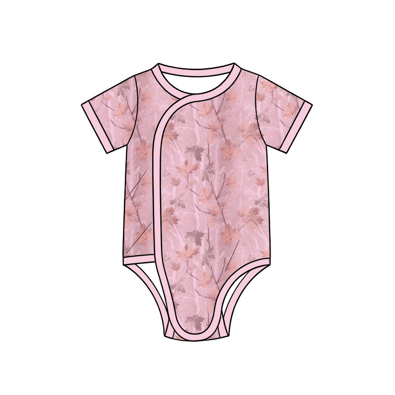 Preorder (moq 5) Baby Girl Clothes Light Pink Autumn Maple Leaf Camo Print Short Sleeve Side Snap Romper