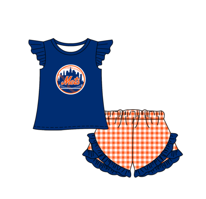 Preorder (moq 5)Baby Girls New York Mets Top Checked Ruffle Short Team Clothes Set