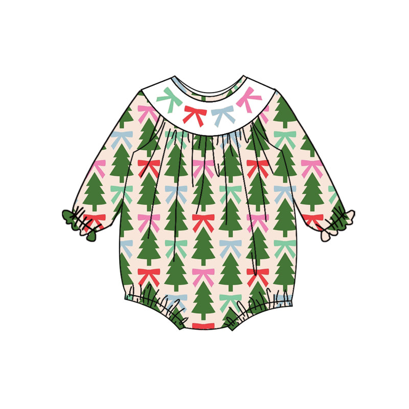 Preorder (moq 5)Baby Girls Long Sleeves Red Green Bows Trees Ruffle Romper