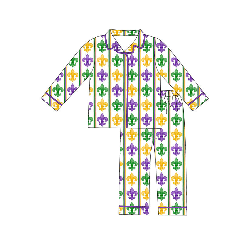 Preorder(moq 8)Baby Boys Mardigras Anchors Stripe Button Top Pants Pajamas Sets