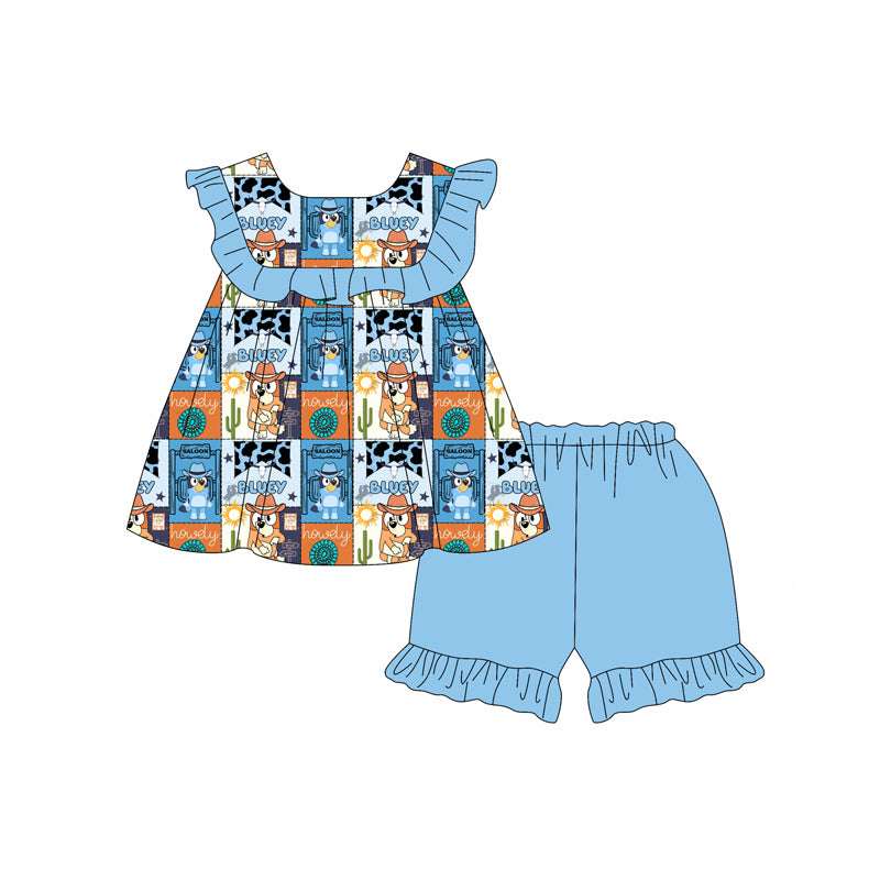 Preorder moq 5 Baby Girls Sleeveless Cartoon Dogs Cactus Tunic Blue Ruffle Short Set