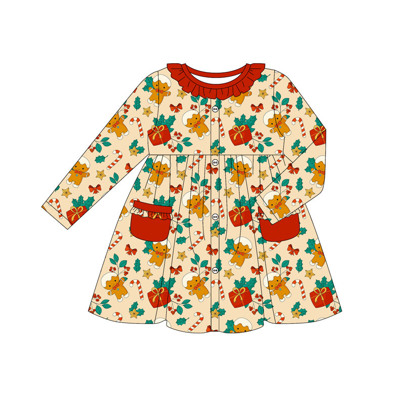 Preorder (moq 5)Baby Girls Long Sleeves Gingerbread Candy Cane Button Pockets Knee Length Dresses