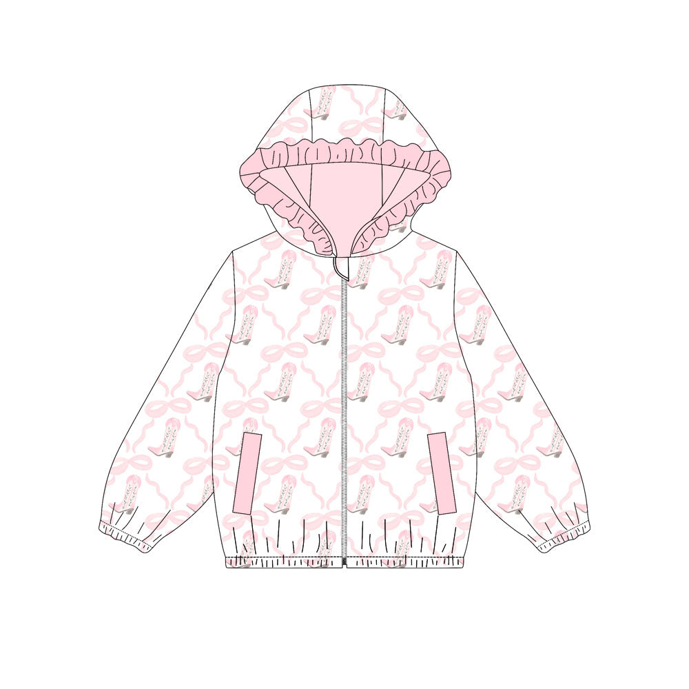 Preorder(moq 5) Baby Girls Pink Bows Boots Checked Pockets Zipper Ruffle Hoodies Top