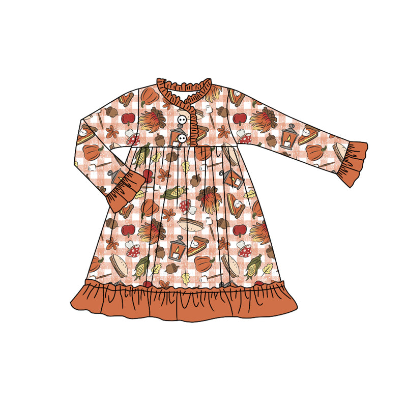 Preorder (moq 5)Baby Girls Long Ruffle Sleeves Pumpkins Leaves Plaid Button Knee Length Dresses