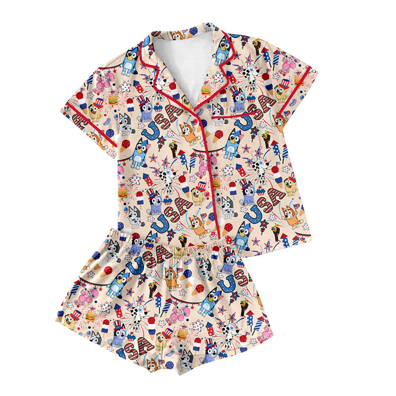 Preorder(moq 5)Adult Women Khaki Short Sleeves Button Pocket Cartoon Dogs Fireworks Top Short 4th Of July Pajamas Set