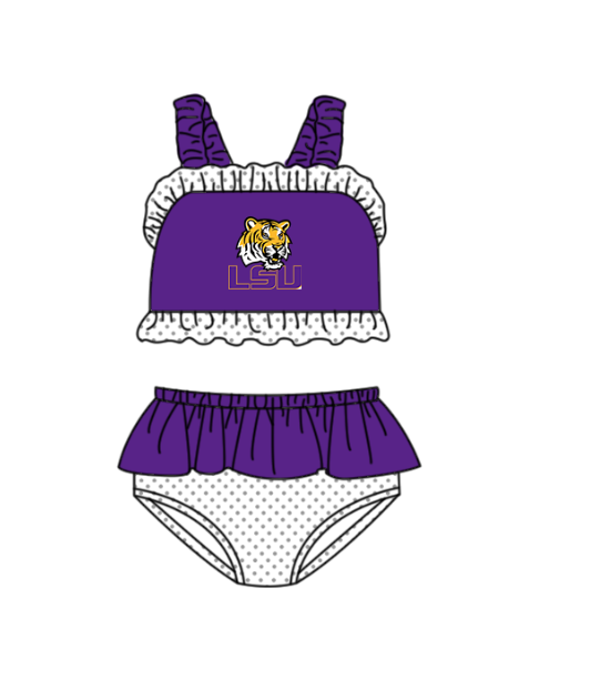 Preorder moq 5 Baby Girls Strap LSU Tigers Vest Top Bummies Short Team Swimsuits