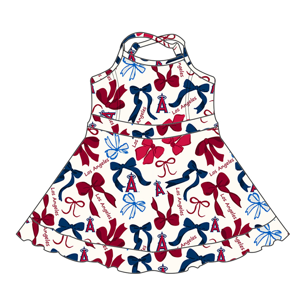 Preorder (moq 5)Baby Girls Blue Red Los Angel Bows Plaid Short Ruffle Team Knee Length Dresses