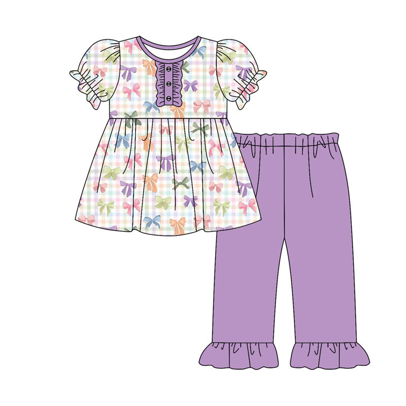 Preorder(moq 8)Baby Girls Colorful Checked Bows Button Tunic Purple Ruffle Pants Clothes Sets