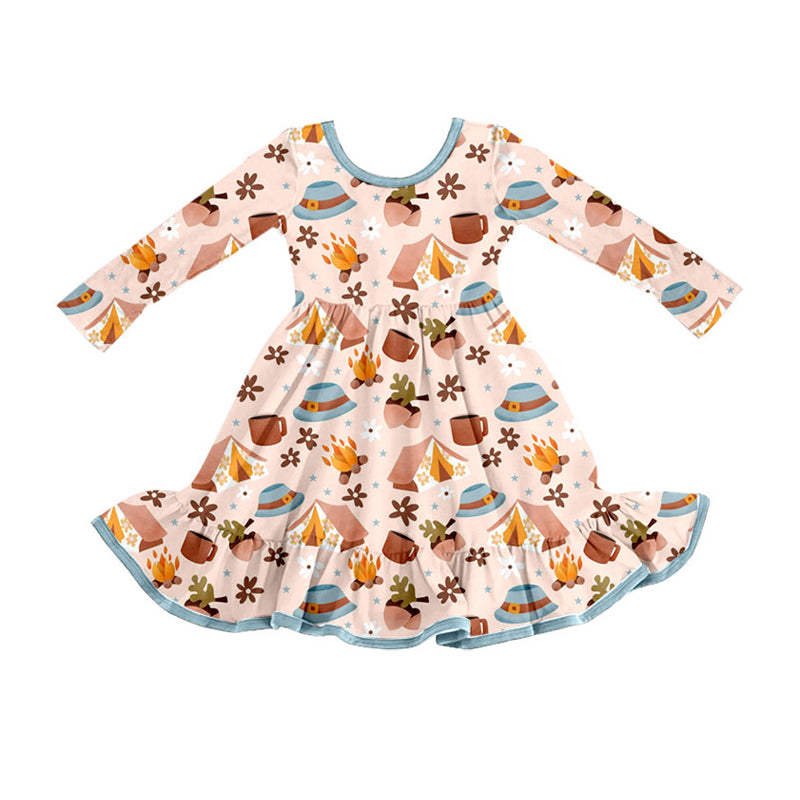 Preorder (moq 5)Baby Girls Hats Fire Adventure Ruffle Long Sleeves Knee Length Dresses