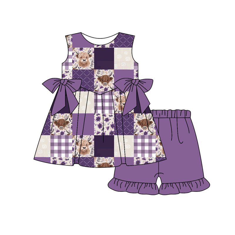 Preorder (moq 5)Baby Girls Western Purple Flowers Cows Bows Tunic Shorts Outfits Sets