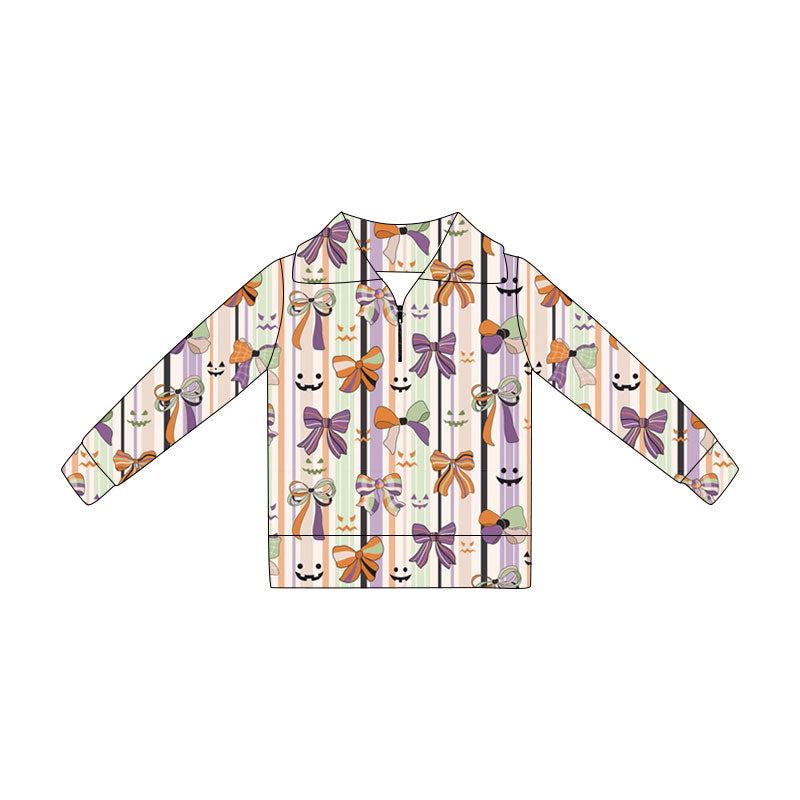 Preorder (moq 5)Baby Girls Long Sleeve Ghost Bows Stripe Halloween Zip Pullovers Top