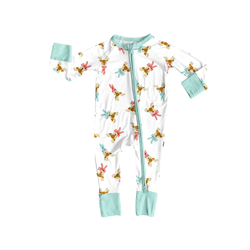 Preorder (moq 5)Baby Girls Long Sleeves Bow Deer Plaid Zipper Pant Rompers