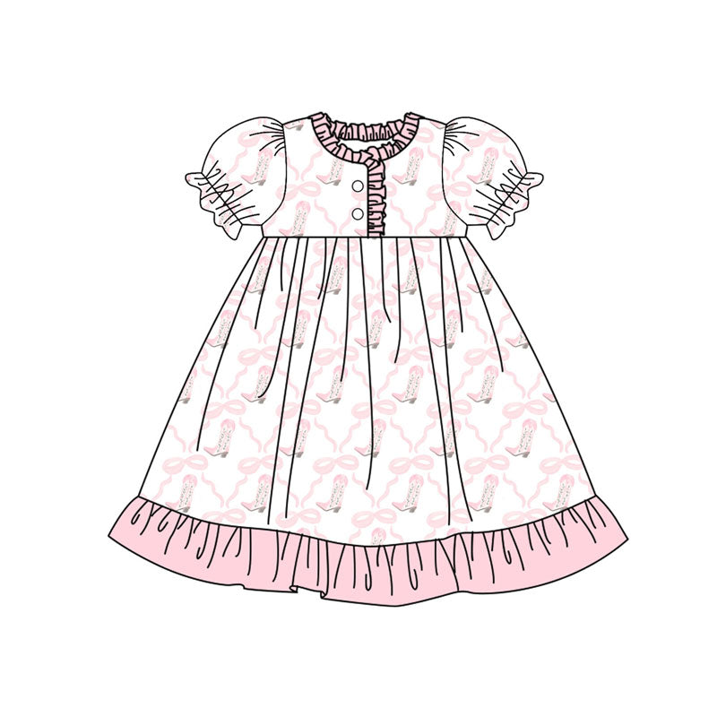 Preorder(moq 5) Baby Girls Pink Bows Boots Checked Button Ruffle Knee Length Dresses