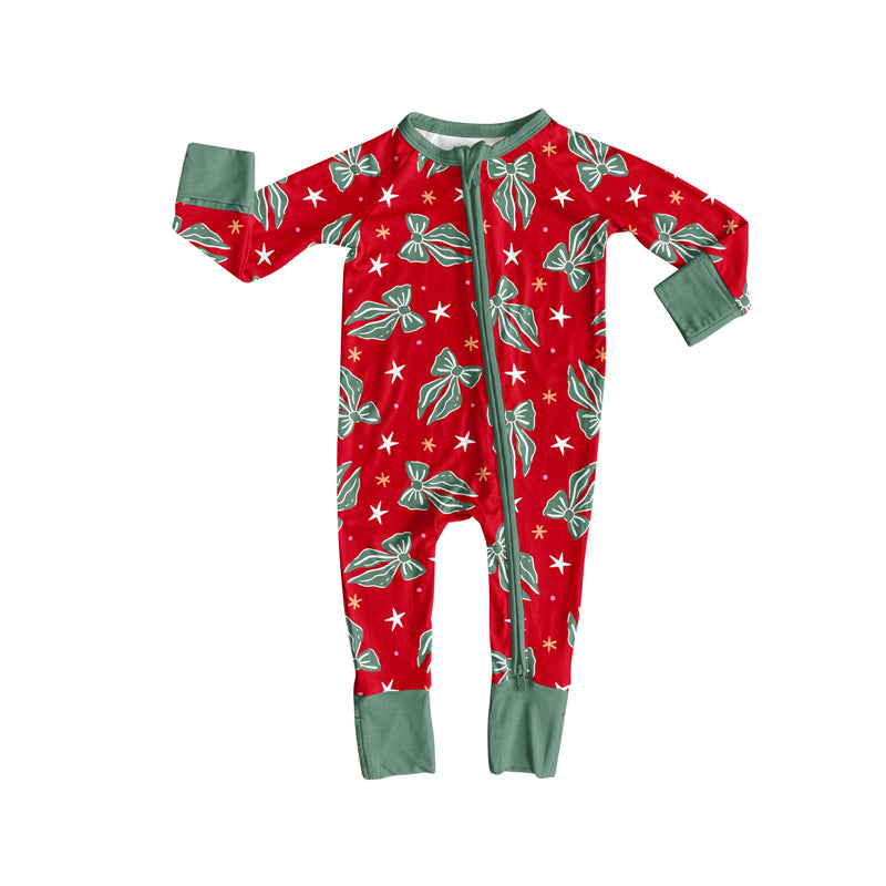 preorder(moq 5)Baby Infant Boys Long Sleeves Green Bows Christmas Zipper Rompers