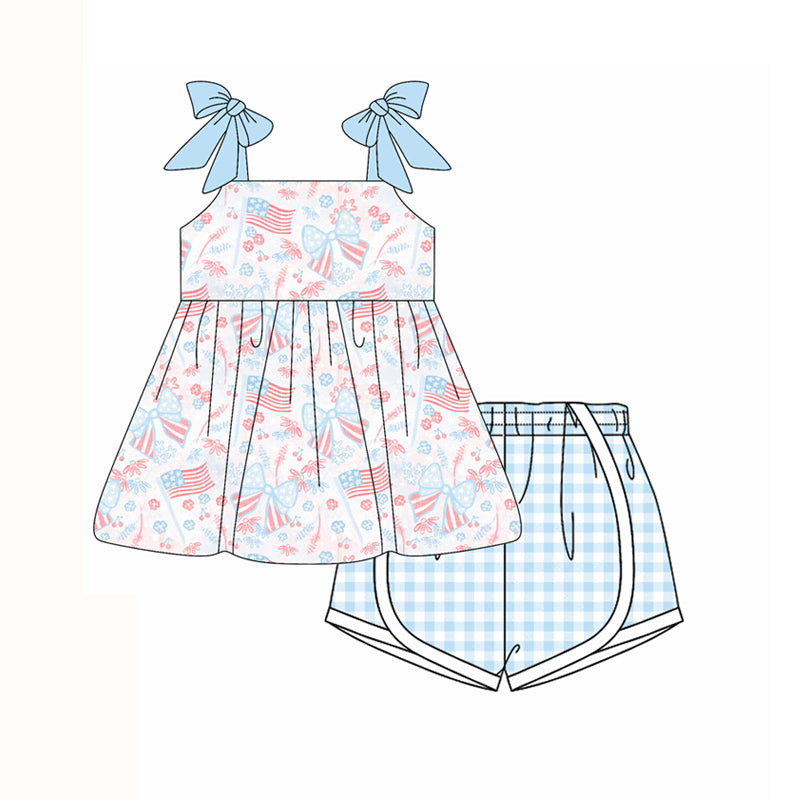 Preorder moq 5 Baby Girls Blue Strap Bows Flags Tunic Plaid Short 4th Of July Set