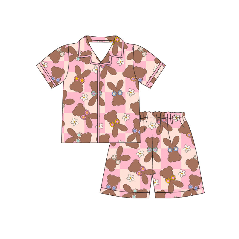 Preorder (moq 5)Baby Girls Pink Checked Flowers Rabbits Button Top Shorts Easter Pajamas Sets