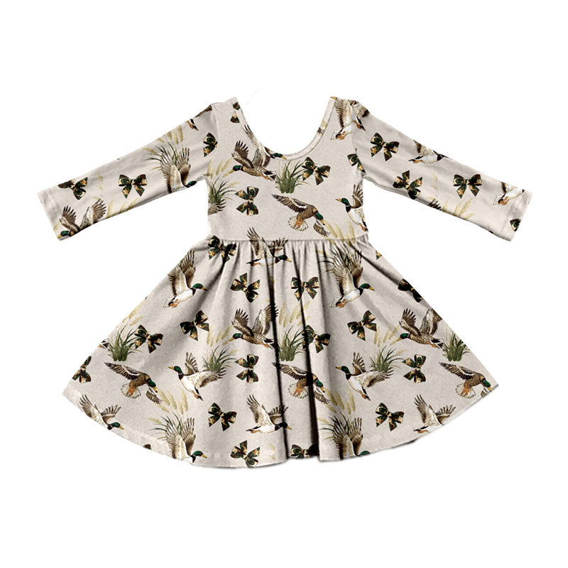 Preorder (moq 5) Baby Girl Clothes Mallard Duck Green Bow Mixed Print Long Sleeve Twirl Dress
