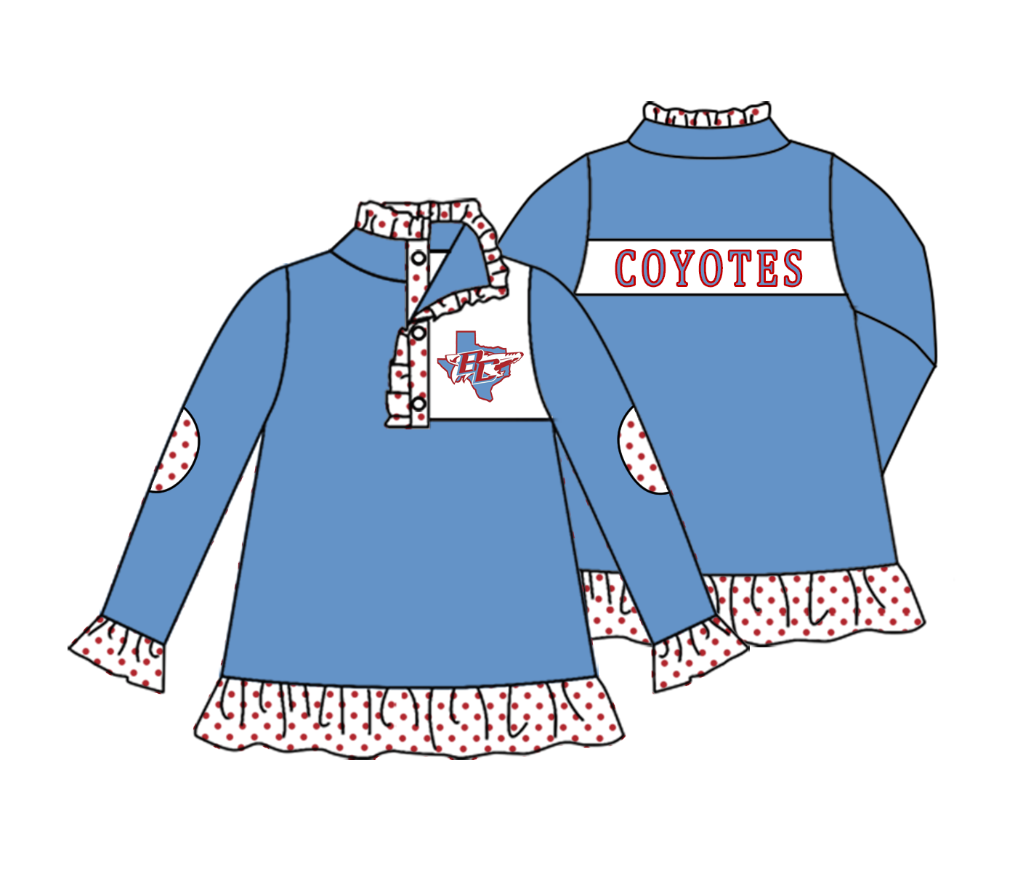 Split Preorder July 21th Baby Girls Team Blue Long Ruffle Sleeves Coyotes Button Pullovers Top
