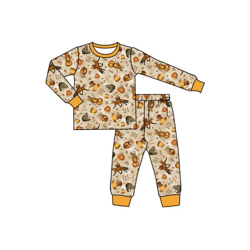 Preorder (moq 5)Baby Boys Long Sleeves Leaves Pumpkins Top Pant Pajamas Set