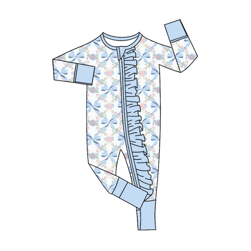 Preorder (moq 5)Baby Girls Blue Bows Flowers Two Way Ruffle Zip Convertible Rompers