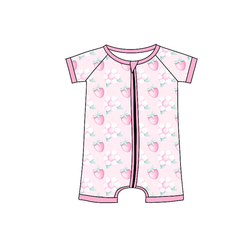 Preorder (moq 5)Baby Girls Short Sleeve Pink Flowers Strawberry Zipper Rompers