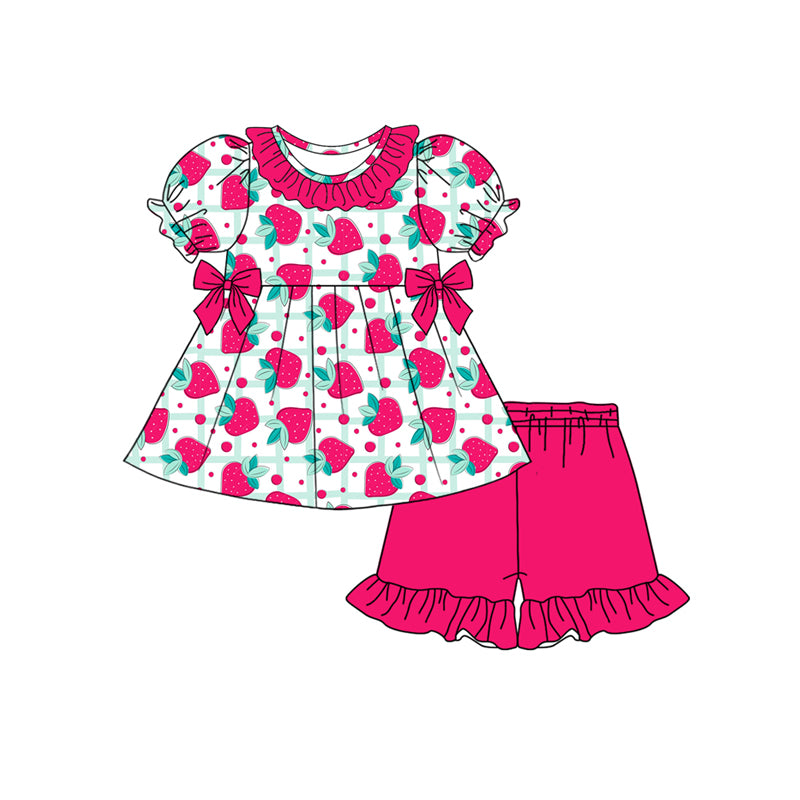Preorder moq 5 Baby Girls Short Ruffle Sleeves Strawberry Tunic Hot Pink Ruffle Short Set