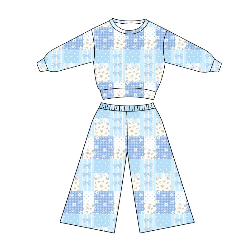 Preorder(moq 5) Baby Girls Blue Flowers Bows Checked Top Flare Pants Clothes Sets
