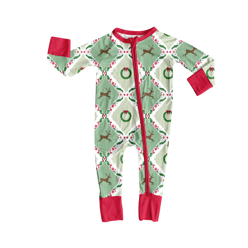 Preorder (moq 5)Baby Girls Long Sleeves Green Deer Holly Plaid Zipper Pant Rompers