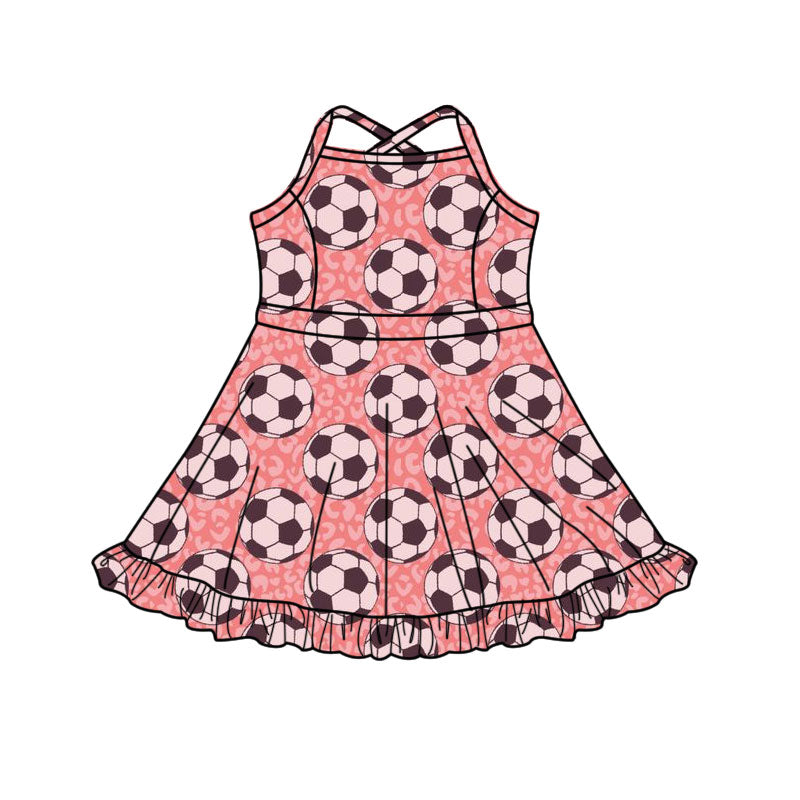 Preorder(moq 5) Baby Girls Strap Leopard Footballs Team Shorts Ruffle Knee Length Dress