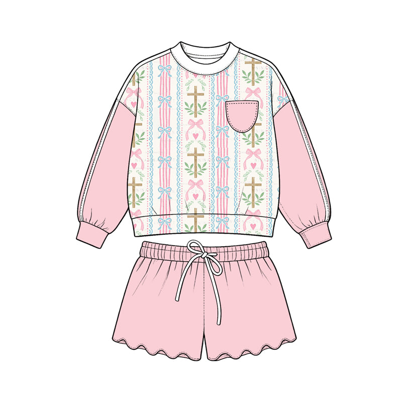 Preorder (moq 5) Girls’ All-Over Bow & Leaf Print Cropped Sweatshirt & Wavy Ruffle Shorts 2-Piece Sweet Pink Set