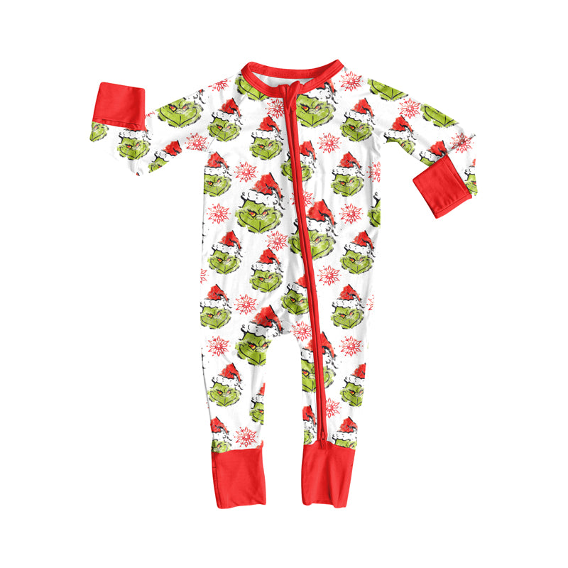 Preorder(moq 5)Baby Boys Green Face Snowflake Plaid Christmas Zipper Footie Rompers