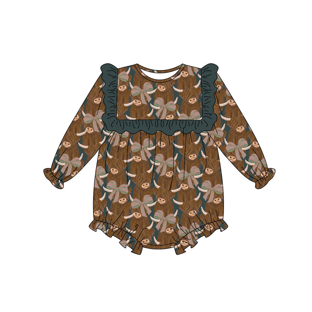 Preorder (moq 5)Baby Girls Long Sleeve Bows Highland Cows Western Ruffle Rompers