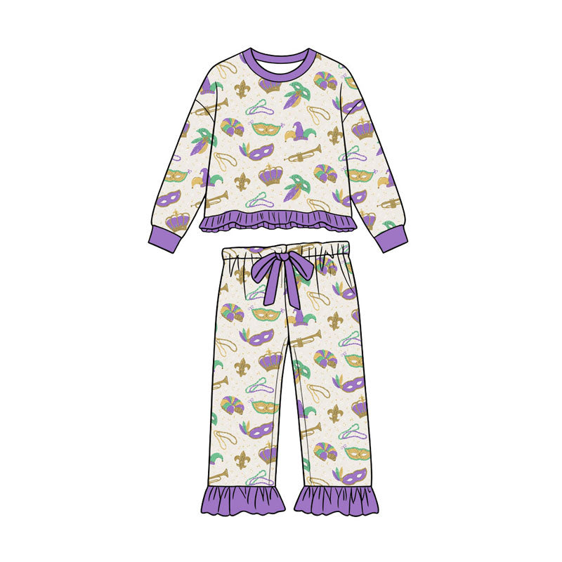 Preorder (moq 5) Baby Girl Clothes Mardi Gras Mask Crown Print Long Sleeve Ruffle Top Straight Pant Set