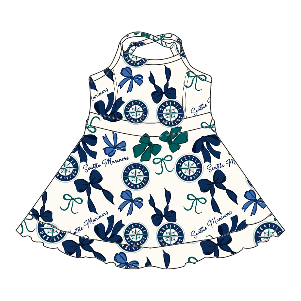 Preorder (moq 5)Baby Girls Green Strap Bows Plaid Seattle Mariners Short Ruffle Team Knee Length Dresses