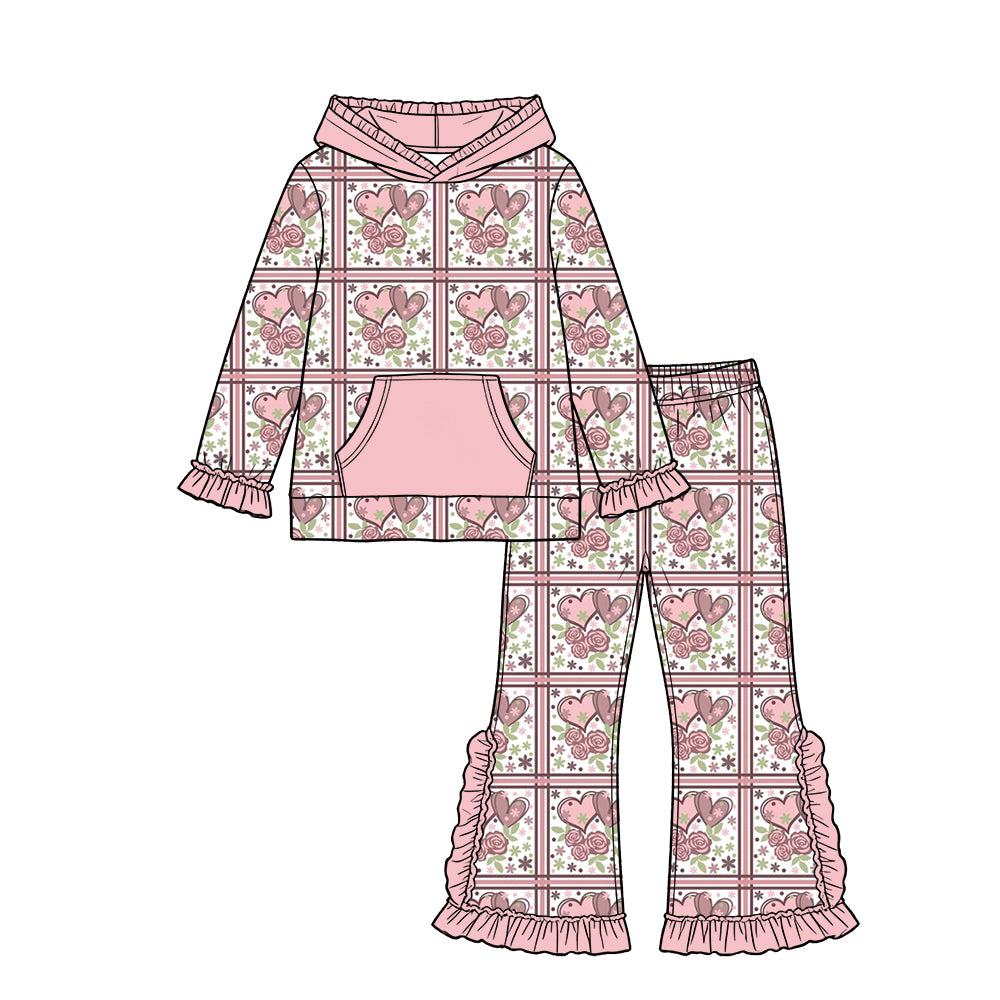Preorder (moq 5) Baby Girl Clothes Valentine Heart Rose Grid Print Long Sleeve Hoodie Flare Pant Set