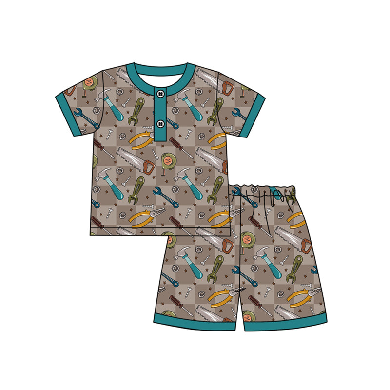 Preorder moq 5 Baby Boys Short Sleeves Daddy's Tools Button Top Shorts Pajamas Set
