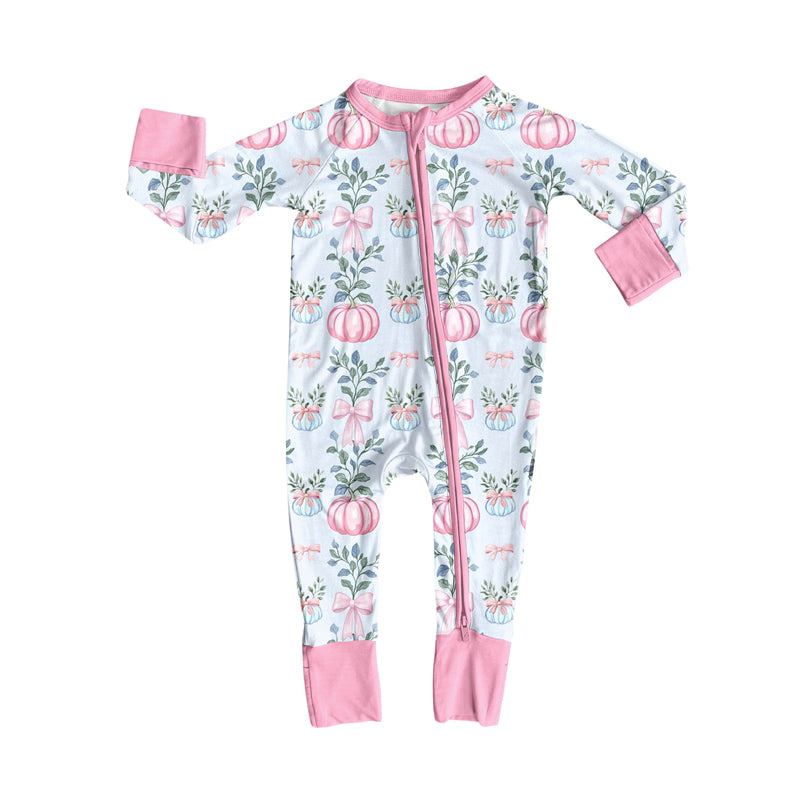 Preorder (moq 5)Baby Girls Long Sleeves Pink Bows Pumpkins Plaid Zipper Romper
