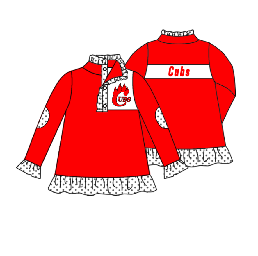Split Preorder July 21th Baby Girls Team Orange Long Ruffle Sleeves Cubs Button Pullovers Top
